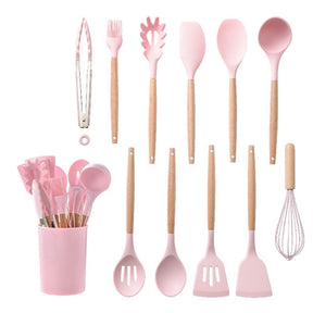 KitCozy - Kit 12 Utensílios Silicone com Cabo em Madeira