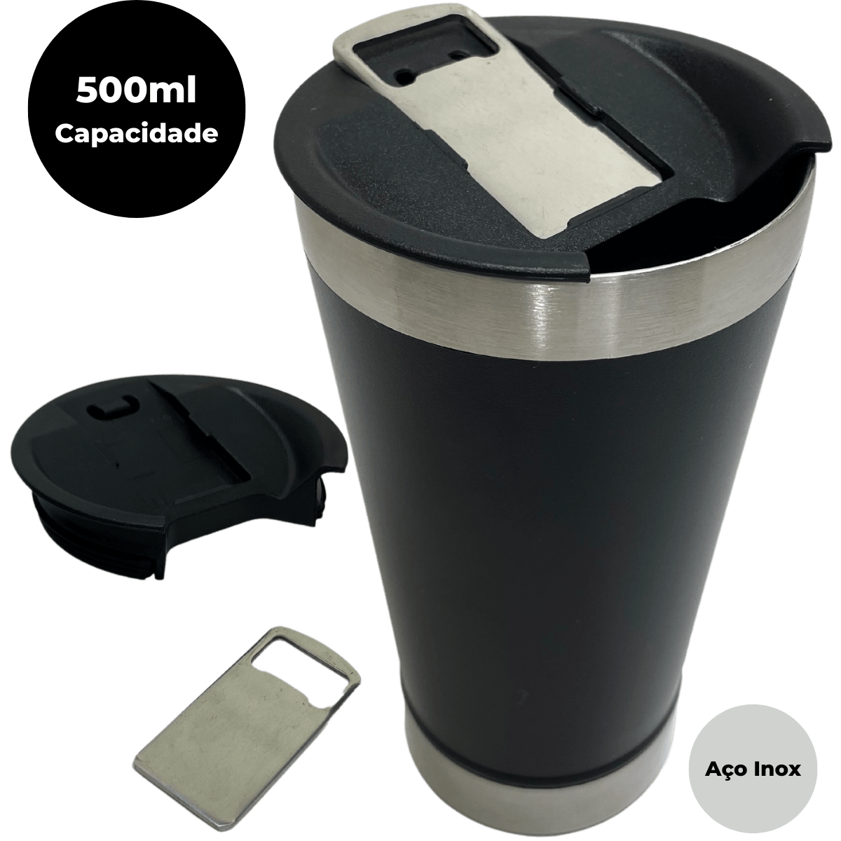 Copo Térmico c/ Tampa e Abridor 500ml Inox Preto - Dekasa Utilidades