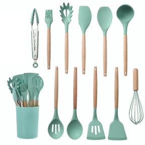 KitCozy - Kit 12 Utensílios Silicone com Cabo em Madeira